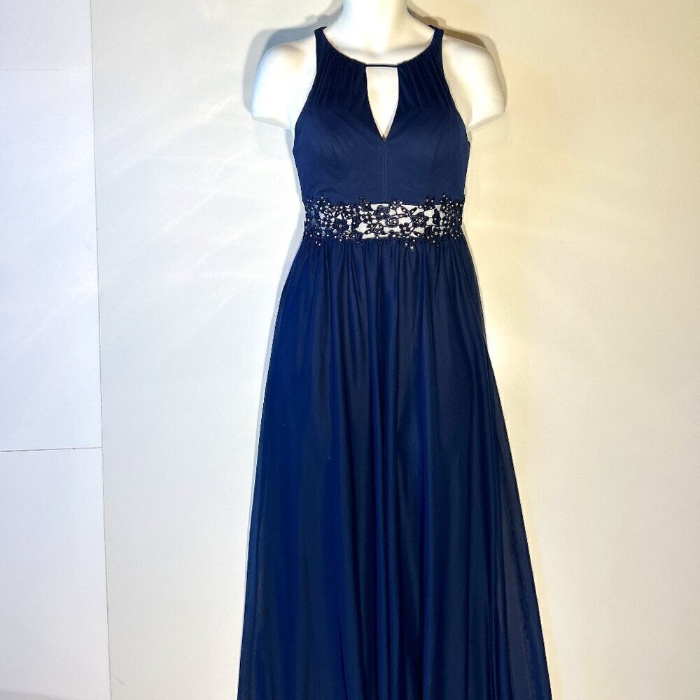 David's Bridal SZ 4 Marine Navy Gown Grecian Style Open Lace Formal Bridesmaid